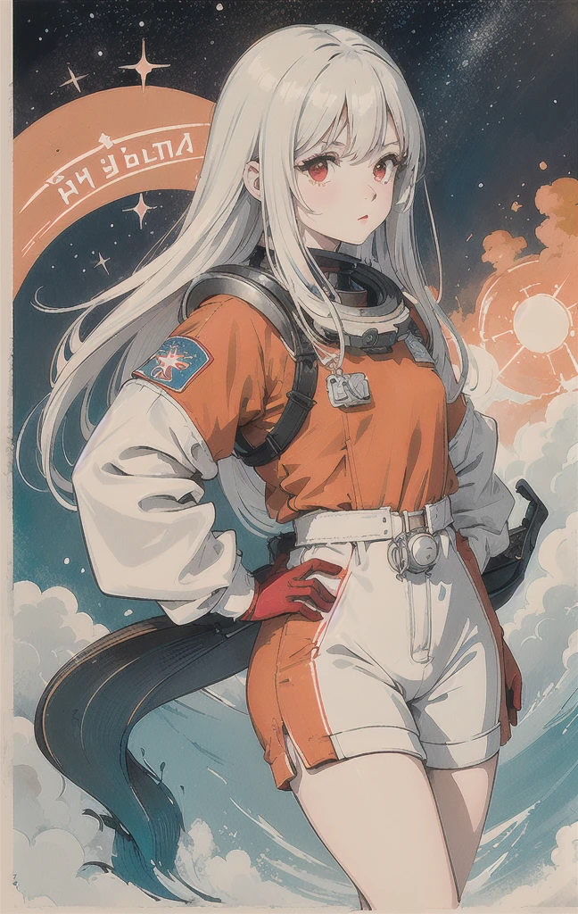 1 girl,Department_old,beautiful,Beautiful detailed eyes,shiny Hair,visible through Hair,Hairs between eyes, CCCPcartel, sovietposter,red monochrome,soviet poster, soviet,communism,
negro_Hair,red_eyes,Vampire,adolescent,poor chest,Space suit:Orange_Clothes_body:mono),White_gloves, White_space shoes, White_hull, the CCCP red letters on the top of hull, weightlessness, Side light, reflection, la persona con el Space suit está en la parte inferior izquierda del marco, The right hand is extended, the right hand gently touches the Salyut space station.), Space station in the upper right corner of the screen., reflected light from the sun., silver metal,red flag, brilliance,USSR style, diffuse reflection, metallic texture, The view is a blue Earth,Wick style,the sea of stars,request alto, Magnificent