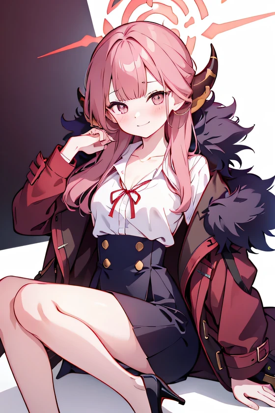 blue archive_aru, black footwear, coat, collarbone, high heels, horns, long sleeves, red coat, shirt, white shirt, fur trim, blushing, white background, smile
