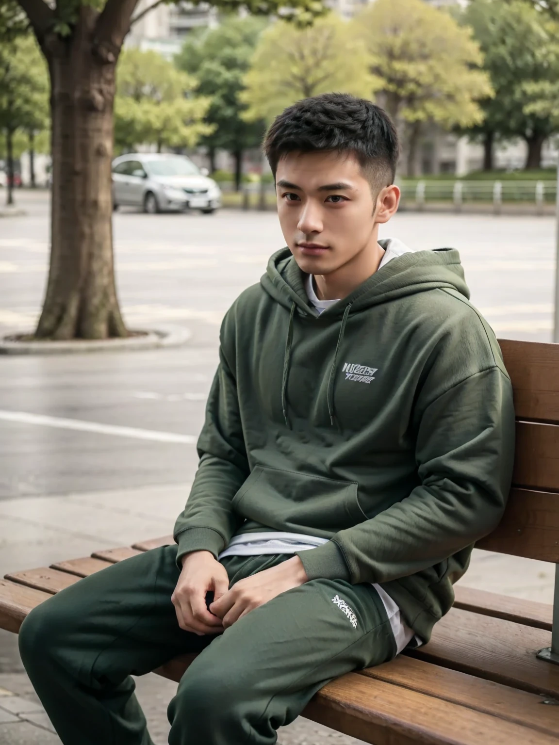 a man with a disheveled tapered hairstyle wears a green hoodie and jogger, streetwear style, sitting on the park bench