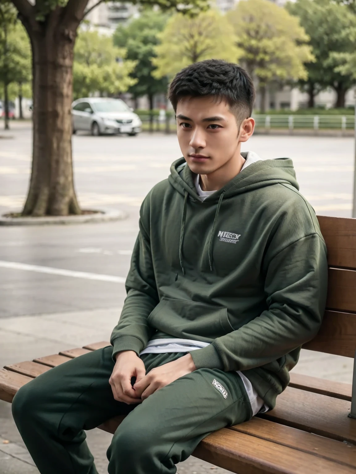 a man with a disheveled tapered hairstyle wears a green hoodie and jogger, streetwear style, sitting on the park bench