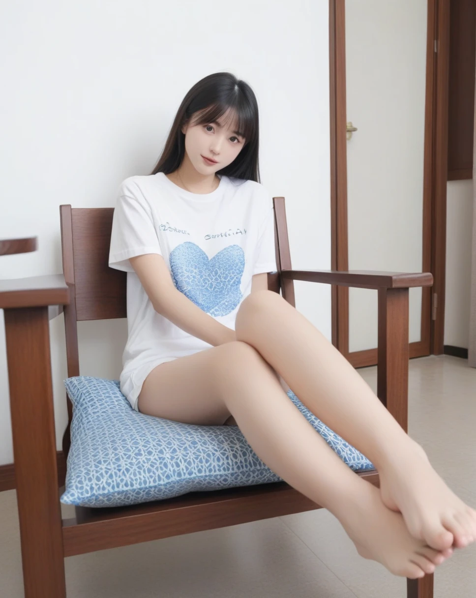 score_9, score_8_superior, score_7_superior,Young woman sitting in a room. she「day」He is wearing a white T-shirt with. she茶色の短い髪をしており、Looking straight at the viewer。. Her legs are on prominent display, with a close-superior focus on her toes and soles. she靴を履いていない, And her feet are bare. The room has a wooden chair with a blue patterned cushion., table, and a csuperior on it. The overall atmosphere of the image is calm and relaxing..