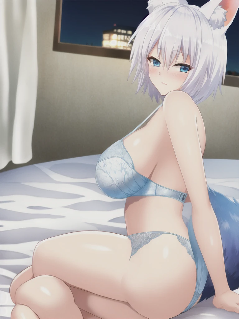 Fox ear, fox tail, white hair, short hair, blue eyes, blush, large breasts, lingerie, lace lingerie, night, looking at viewer, bedroom,