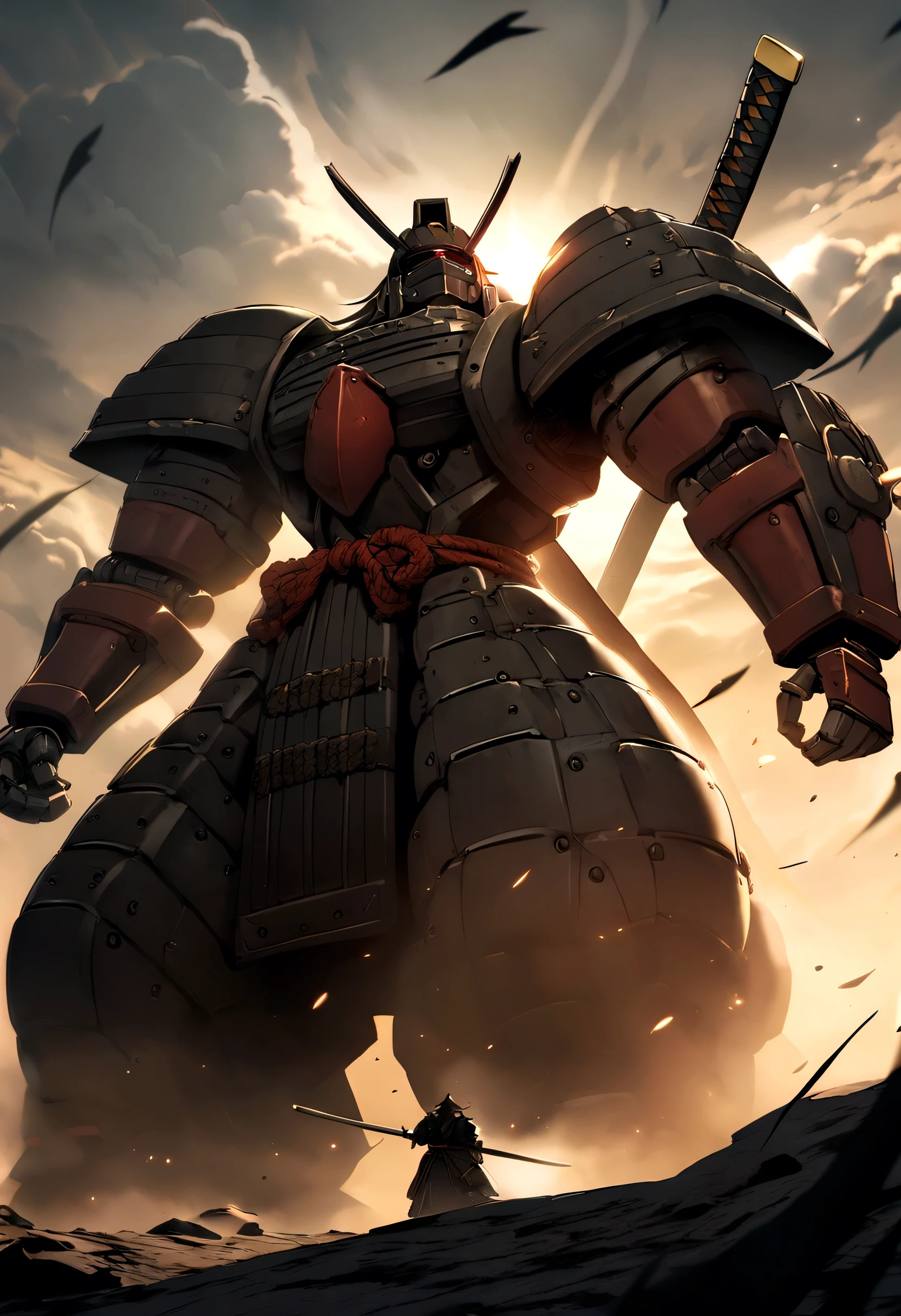 A large and strongly built samurai robot with two huge katanas