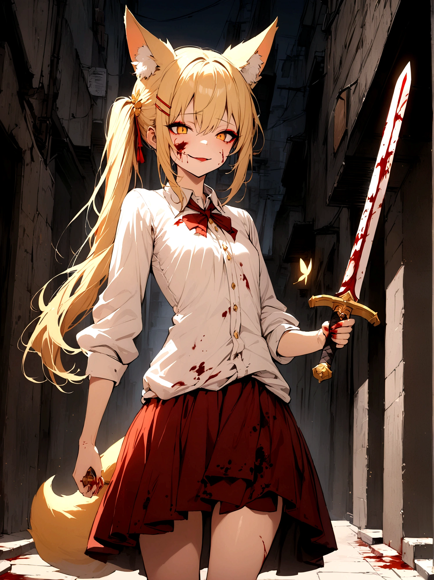 (masterpiece, best quality) junior,detailed, (beautiful,small breasts), blonde,long hair, side ponytail(tied to the left),Hairpin decoration with gold butterfly, elegant, (fox ears),nine tailed fox tail, red eyeshadow, golden eyes, femur，dark night sky,Alley background,girl,yandere eyes,bloody face,bloody clothes(white shirt),Bloody(blood on fullbody),holding a sword hilt,bloody dagger(knife),evil smile