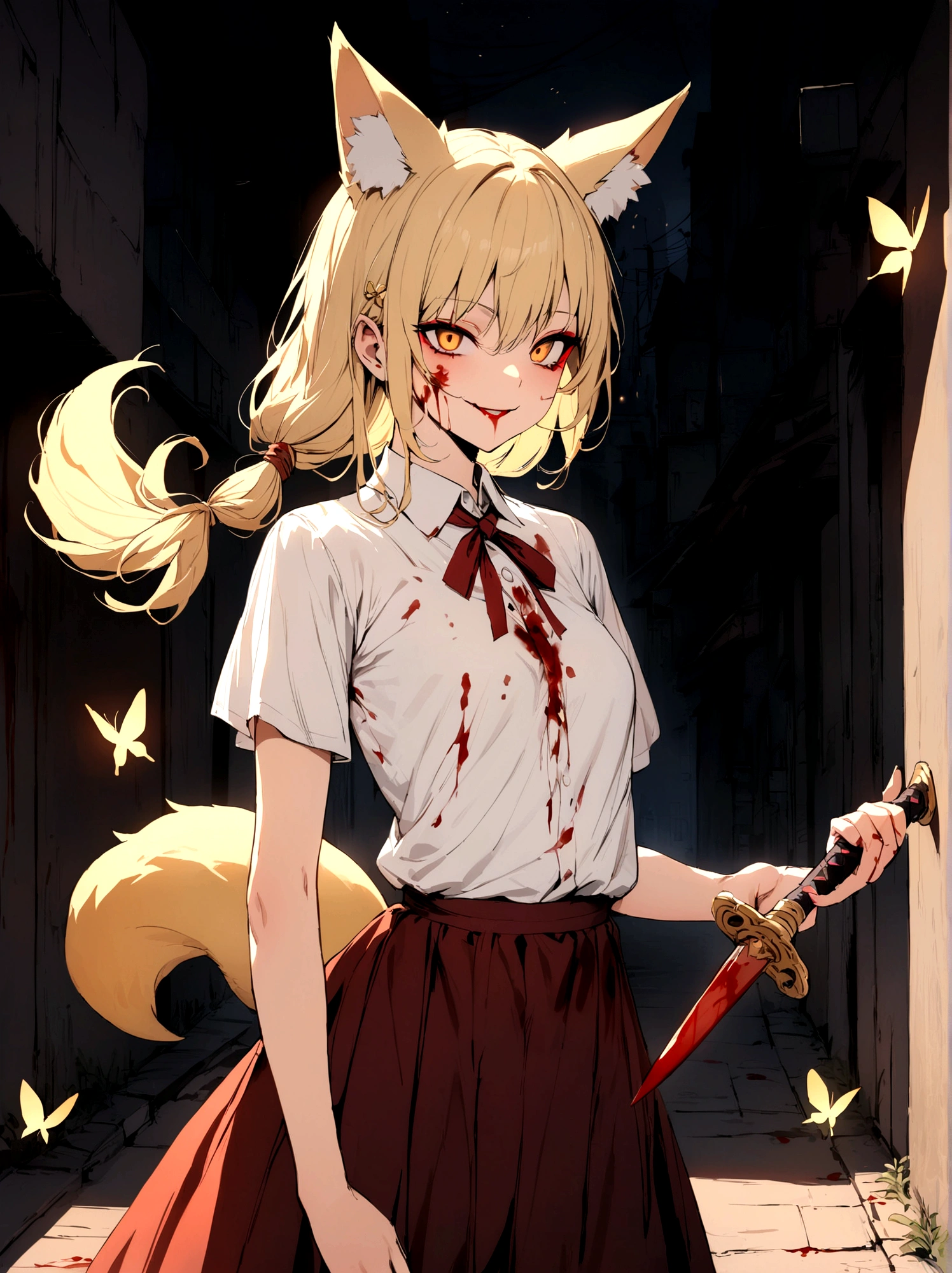 (masterpiece, best quality) junior,detailed, (beautiful,small breasts), blonde,long hair, side ponytail(tied to the left),Hairpin decoration with gold butterfly, elegant, (fox ears),nine tailed fox tail, red eyeshadow, golden eyes, femur,dark night sky,Alley background,girl,yandere eyes,bloody face,bloody clothes(white shirt),Bloody(blood on fullbody),holding a sword hilt,bloody dagger(knife),evil smile