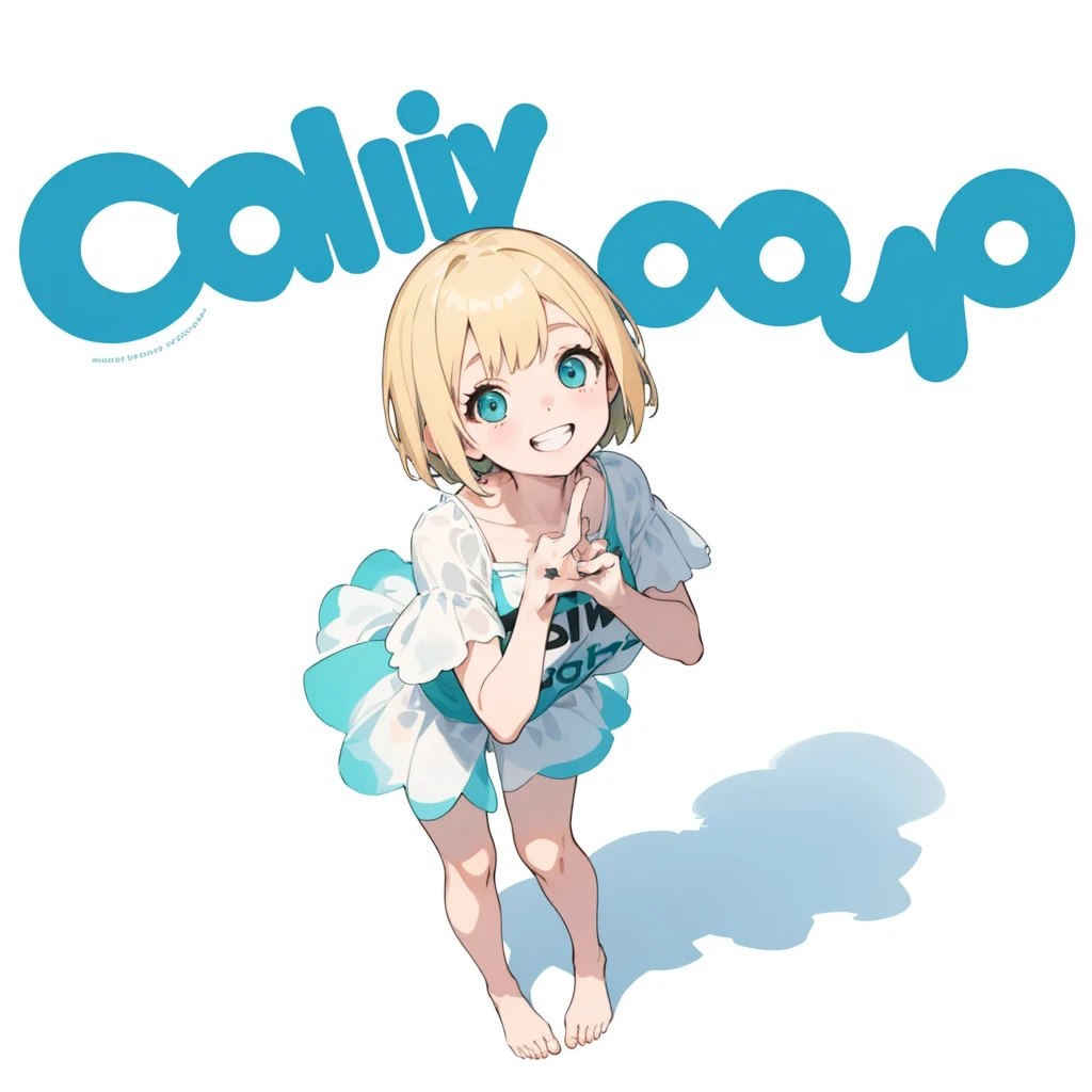 First Job, Better Quality, 1. garota Laughter, Short Mash Hair、Short Hair、Blonde Hair Color、Turquoise Eyes、White swimsuit、Poster, Little , Little, Laughter (Solo Girl)、Looking up、The camera is from above、The front hair is straight、Please draw the fingers in detail、Fingers５It&#39;s a book