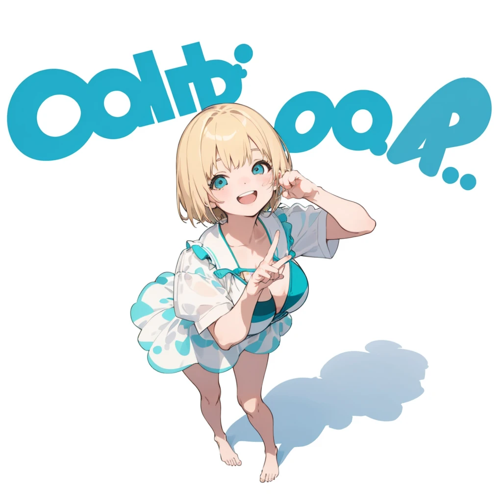First Job, Better Quality, 1. garota Laughter, Short Mash Hair、Short Hair、Blonde Hair Color、Turquoise Eyes、White swimsuit、Poster, Little , Little, Laughter (Solo Girl)、Looking up、The camera is from above、The front hair is straight、Please draw the fingers in detail、Fingers5It's a book