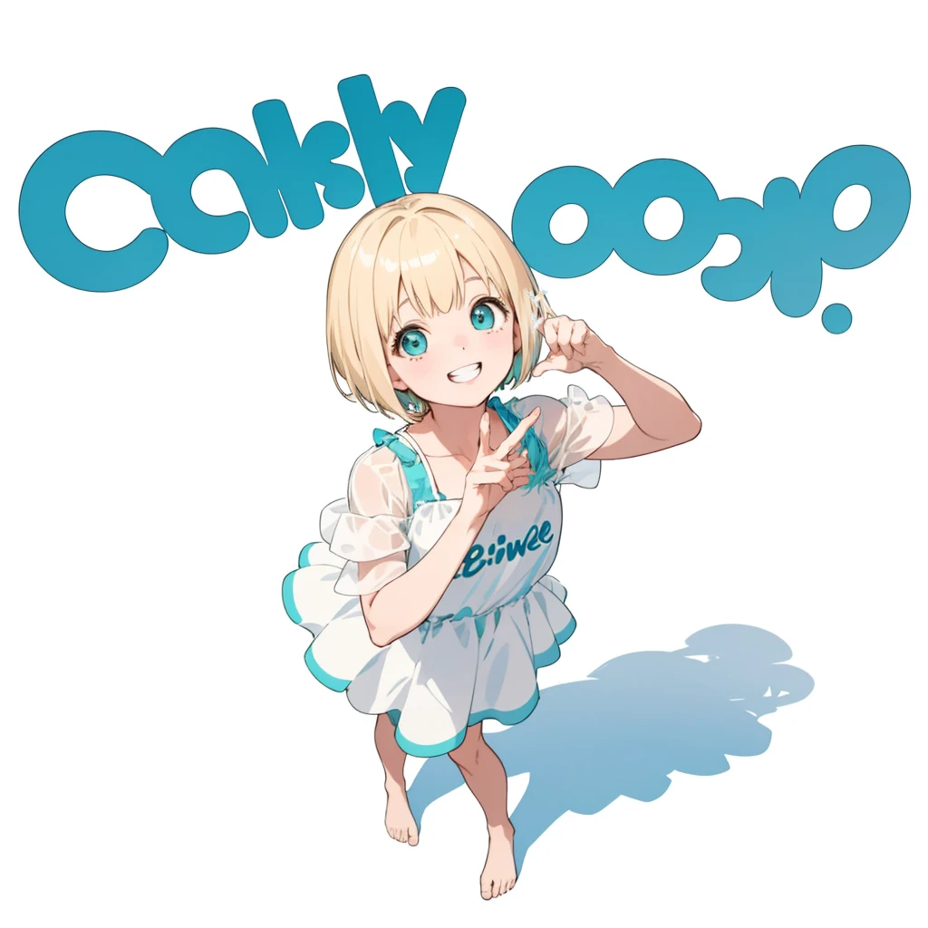 First Job, Better Quality, 1. garota Laughter, Short Mash Hair、Short Hair、Blonde Hair Color、Turquoise Eyes、White swimsuit、Poster, Little , Little, Laughter (Solo Girl)、Looking up、The camera is from above、The front hair is straight、Please draw the fingers in detail、Fingers5It's a book