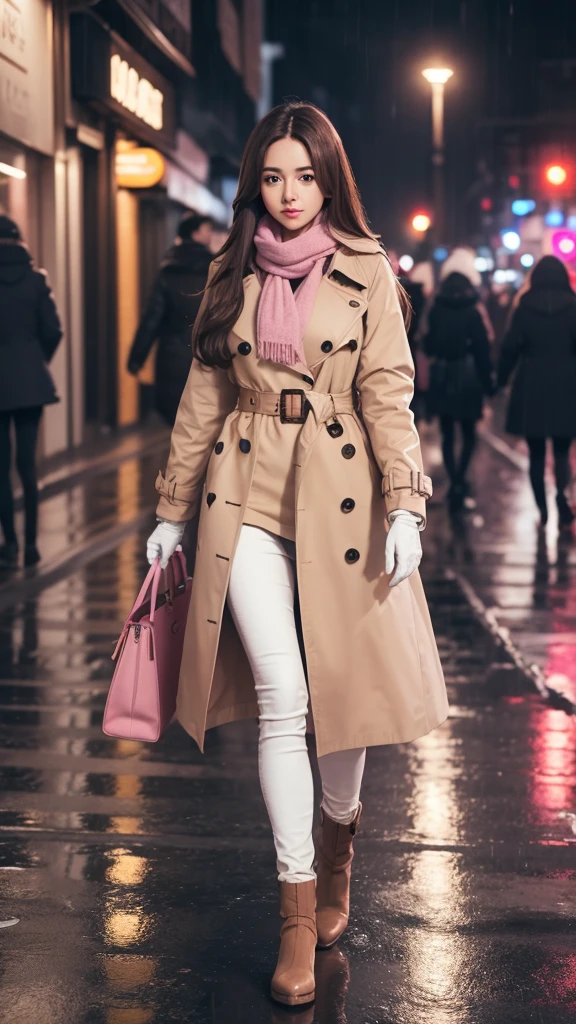 1girl with long brown hair wearing a fully buttoned up and belted buckle beige trench coat with a large pink winter wool scarf and white gloves at the hard rainy night city street full body 8k