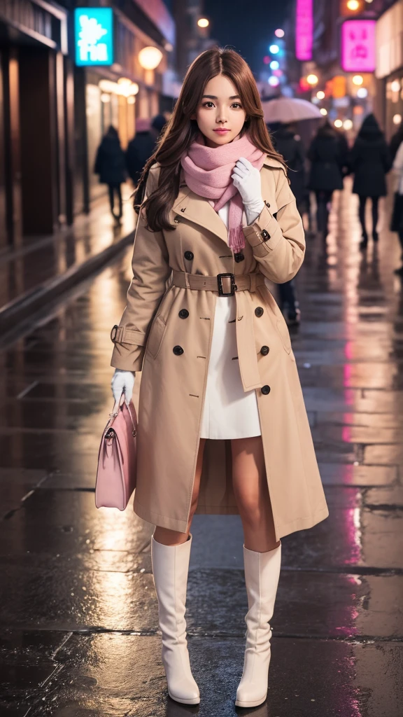 1girl with long brown hair wearing a fully buttoned up and belted buckle beige trench coat with a large pink winter wool scarf and white gloves at the hard rainy night city street full body 8k