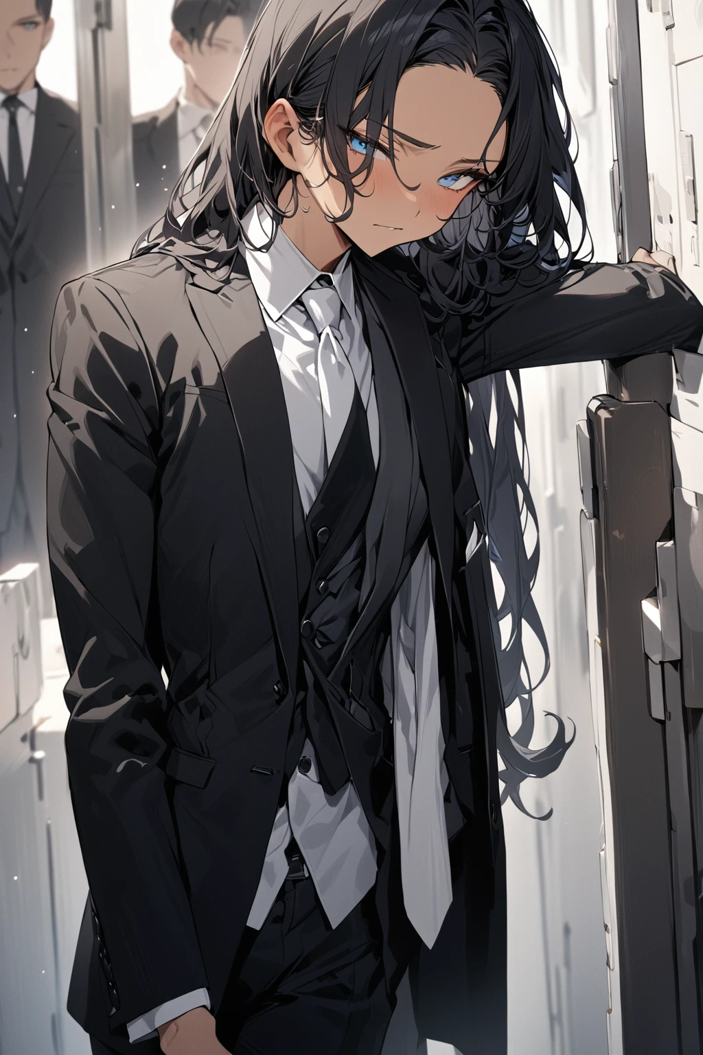 (( straight face picture )) ((best quality)), (Masterpiece)), (details), ( Beautiful colors ) ( ornamentation ) ( see the whole body ) young man , Tanned skin , black hair ,blue eyes ,Shoulder-length hair ,Slightly curly hair , open forehead , wearing a black suit ,white tie , Wear a white doctor's coat , , Have a rosary in hand , Whole body image