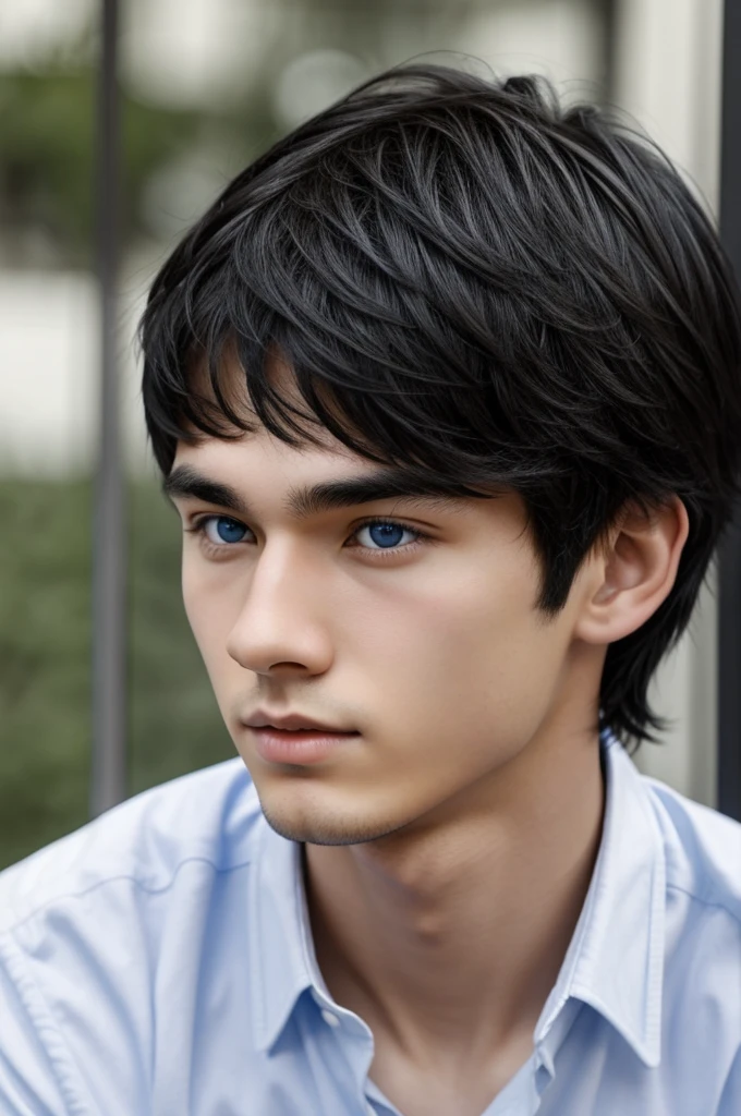 Young black-haired boy, blue eyes, white skin, American, with fine features