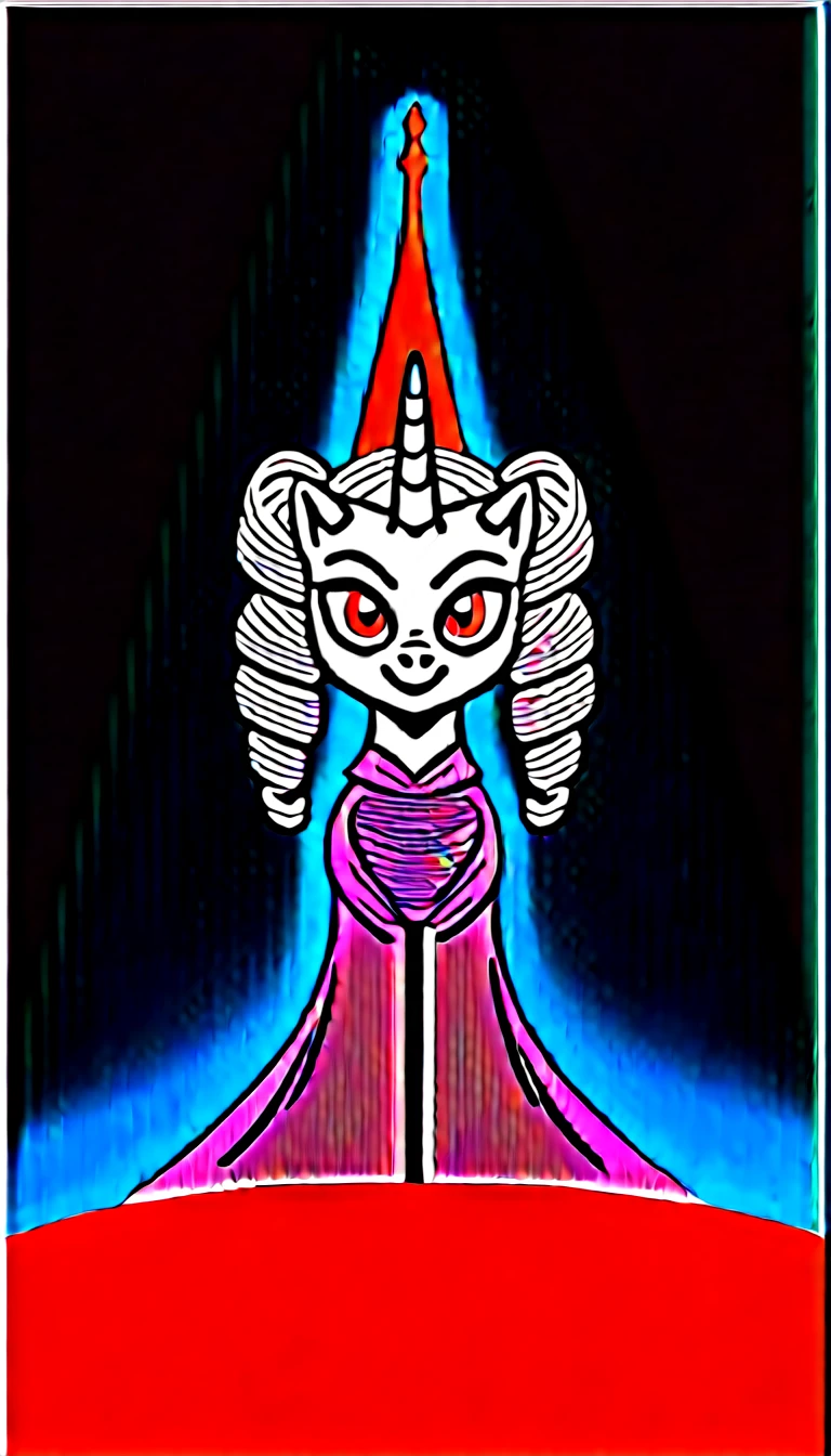 score_9,score_8_up,score_7_up,score_6_up, filly, unicorn, white fur, curly blonde hair, twintails, red eyes, Gothic pony, lolita fashion, glowing backlight, fashion show, graveyard scene, glitter, whimsical, enchanted, magical, fantasy art concept, intricate details, insane smile, blood splatter on face, levitating, levitating spell book, glowing horn