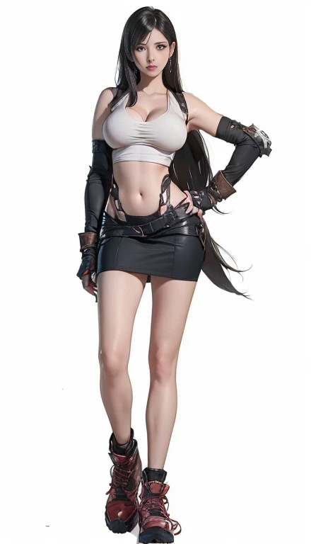 (((Full and soft breasts,)))(((Huge breasts))) (((Cleavage))) (Perfect curvy figure)(best quality,Ultra Detailed),(Practical:1.37),Tifa Lockhart, Beautiful and delicate face, Dark Circle Makeup, Ultra-realistic textures, Delicate face, Serious expression