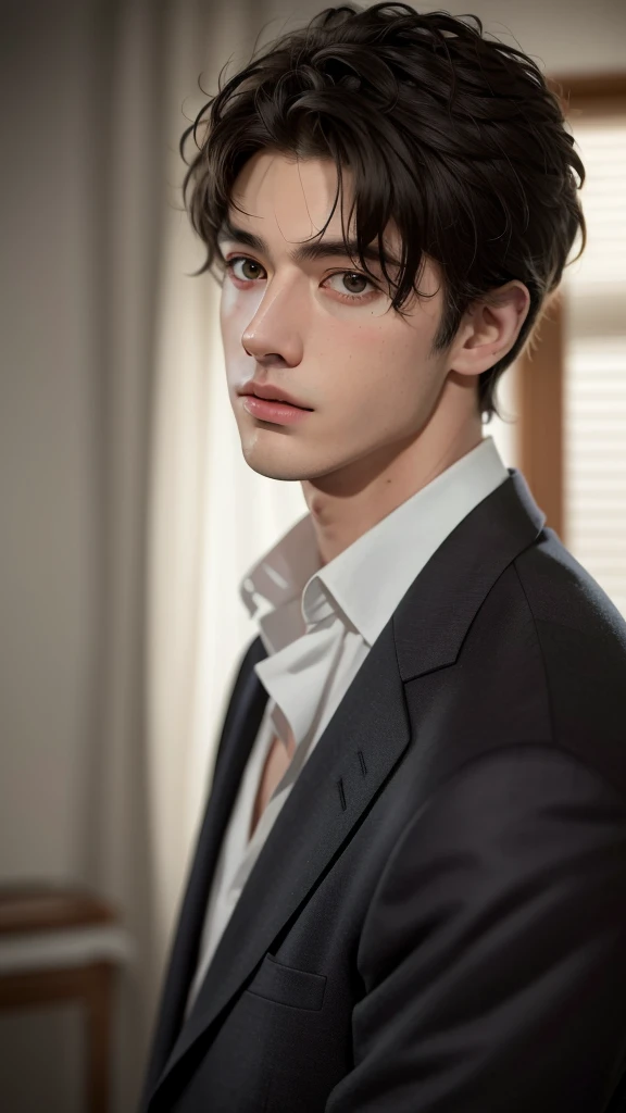 Highest quality, masterpiece, Ultra-high resolution, (Realistic:1.5), RAW Photos, One boy, suit, In the Dark, Deep Shadow, Modest, Cold Light, Sexy and manly look, short hair