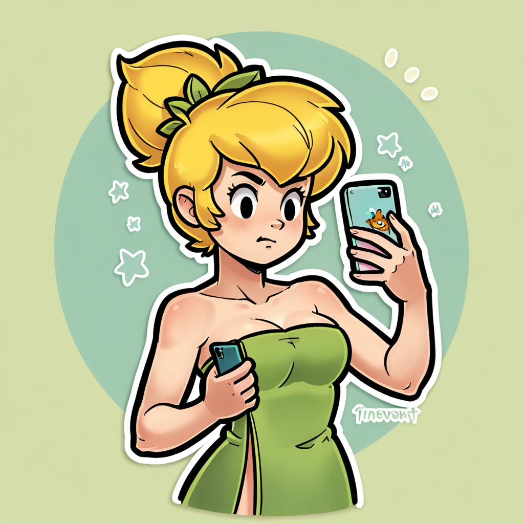 (score_9, score_8_up), Tinker Bell, wrapped in towel, medium breasts, holding phone