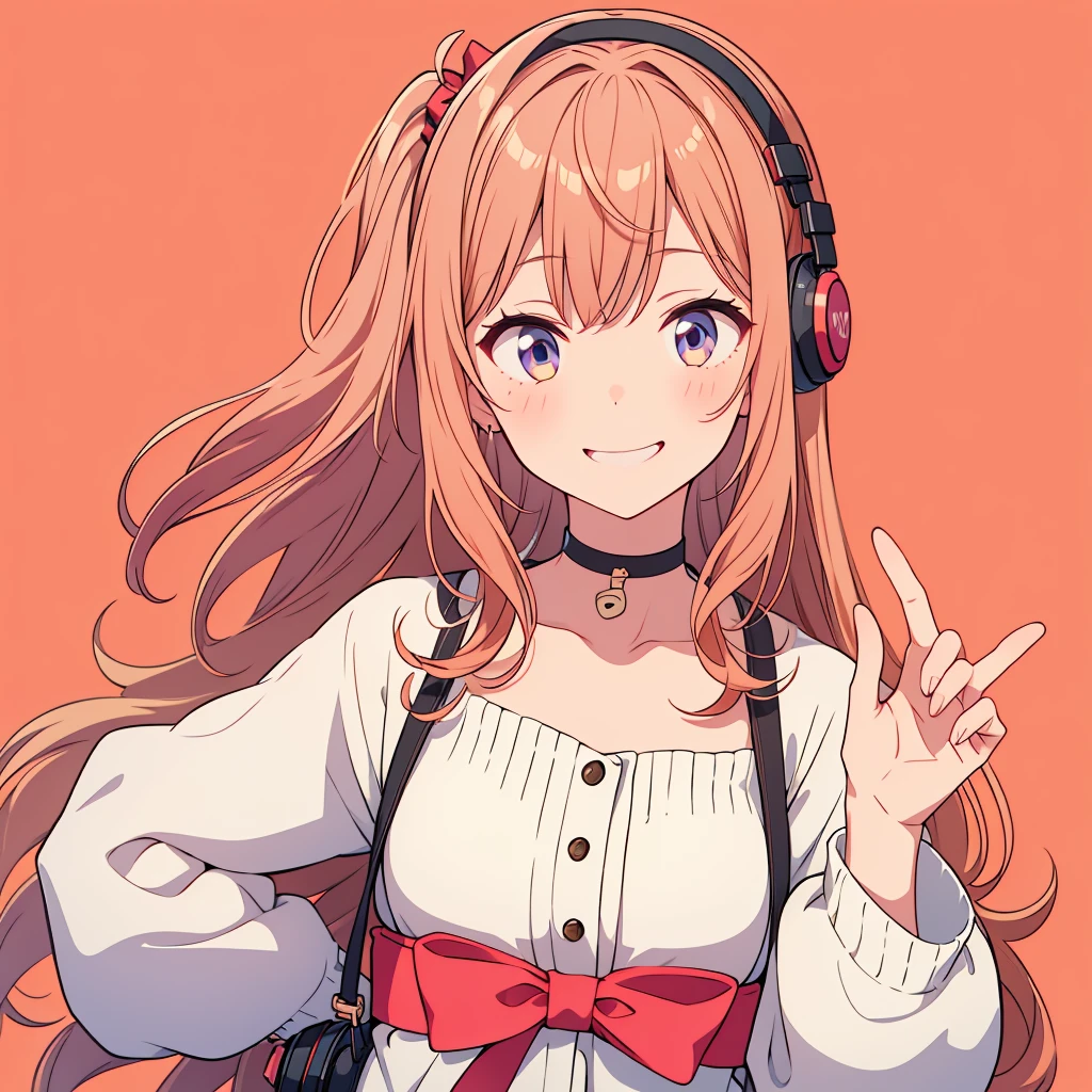 1girl、V sign、headphone、Simple Background、smile、