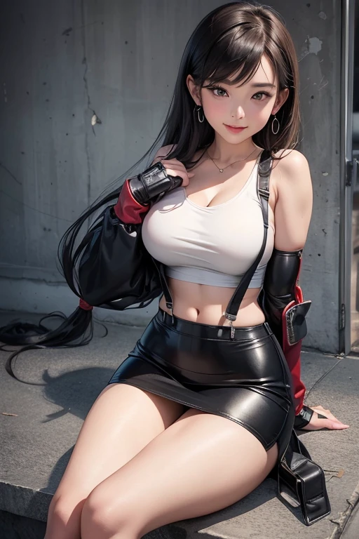 (((Full and soft breasts,)))(((Huge breasts))) (((Cleavage))) (Perfect curvy figure)(masterpiece), best quality, Expressive eyes, Perfect face, 1 girl, Solitary, De Fatifa, White cropped top, Elbow pads, Fingerless gloves, Suspenders, Pencil Skirt, Black socks, Red Boots, City, metallic City, night, Smile, Cross your legs, Strike a pose, sit, Upper Body, portrait, Looking at the audience,