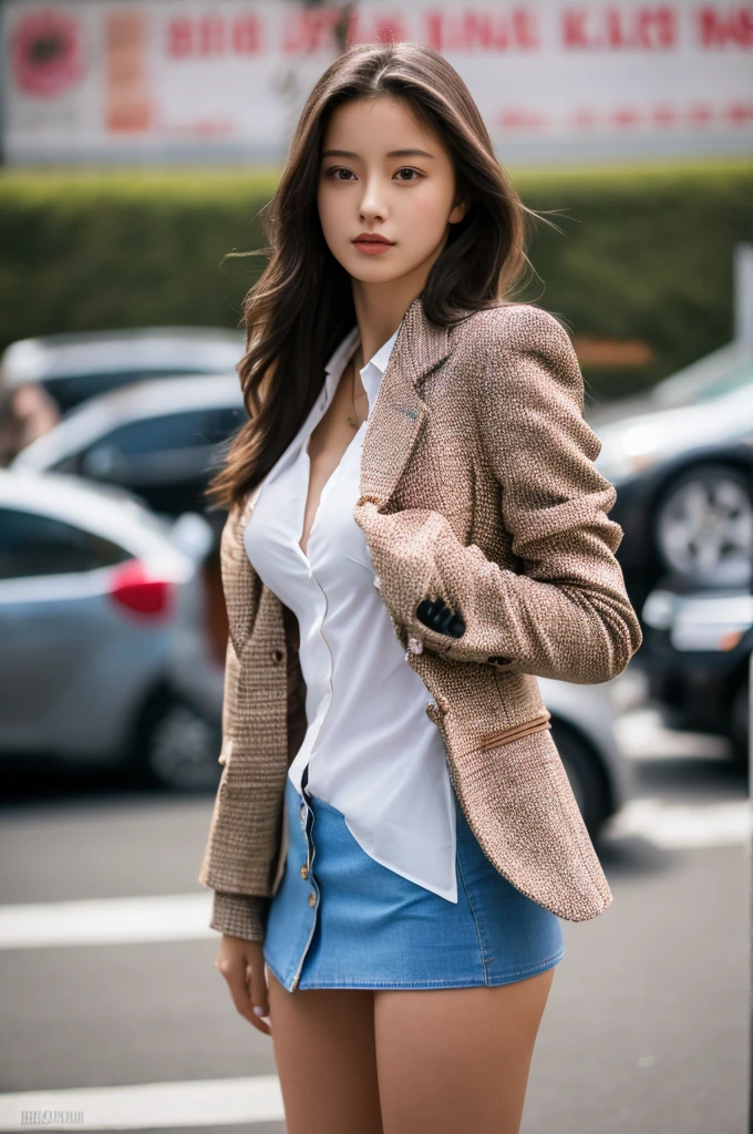 a 18 year old girl, she is the most beautiful actress in the world, the perfect body proportions of this girl, the formal shirt and the blazer is tightly clothing on her upper body, the blazer is appropriately buttoned up and covering the waist area, her crotch area of the panties between her bare legs are hardly hidden by the short skirt, the front of her body, the one description, she is standing straight, at the street, nsfw, best quality, highly detailed, masterpiece, ultra high res, photo realistic, 8k, RAW photo
