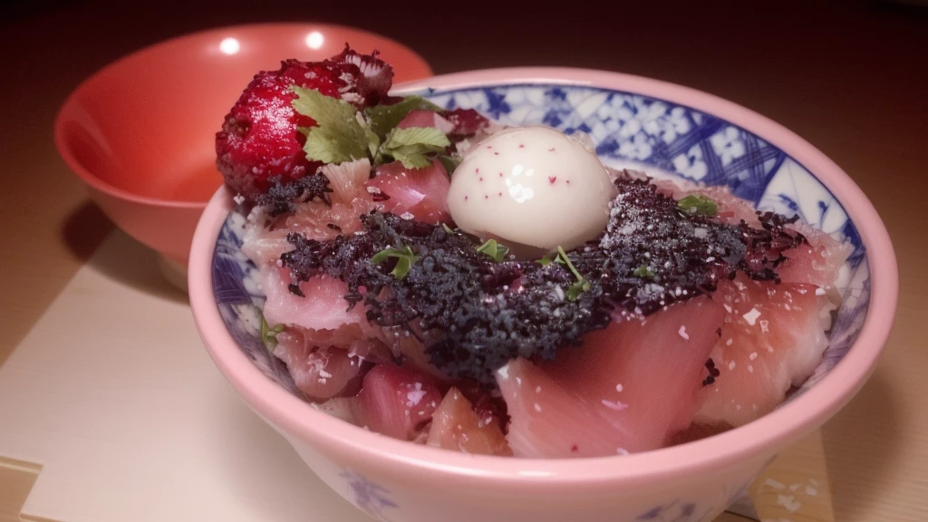 There is a bowl of food with a cherry on top, Makoto Takahashi, hajime katoki, katsushika, The shore is empty, omina tachibana, Kano Tanyou, by Taiyō Matsumoto, by Ayako Rokkaku, sosaku hanga, madotsuki