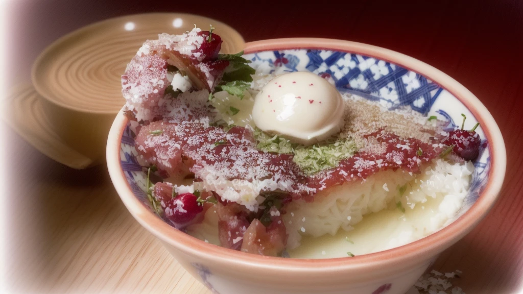 There is a bowl of food with a cherry on top, Makoto Takahashi, hajime katoki, katsushika, The shore is empty, omina tachibana, Kano Tanyou, by Taiyō Matsumoto, by Ayako Rokkaku, sosaku hanga, madotsuki