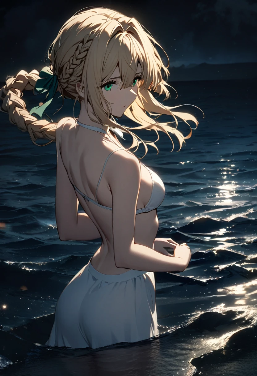One girl, violet evergarden, perfect body,blonde Hair, Long Hair,single braid, green eyes, white holter neck bikini,hair ribbon,cowboy shot,standing on the sea,break,A night scene illuminated by soft, silvery moonlight,reflected in the sea, with gentle shadows and a serene, mystical ambiance.professional lighting,perfec body