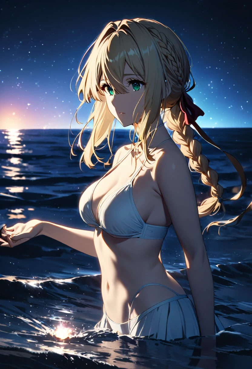 One girl, violet evergarden, perfect body,blonde Hair, Long Hair,single braid, green eyes, white holter neck bikini,hair ribbon,cowboy shot,standing on the sea,break,A night scene illuminated by soft, silvery moonlight,reflected in the sea, with gentle shadows and a serene, mystical ambiance.professional lighting,perfec body
