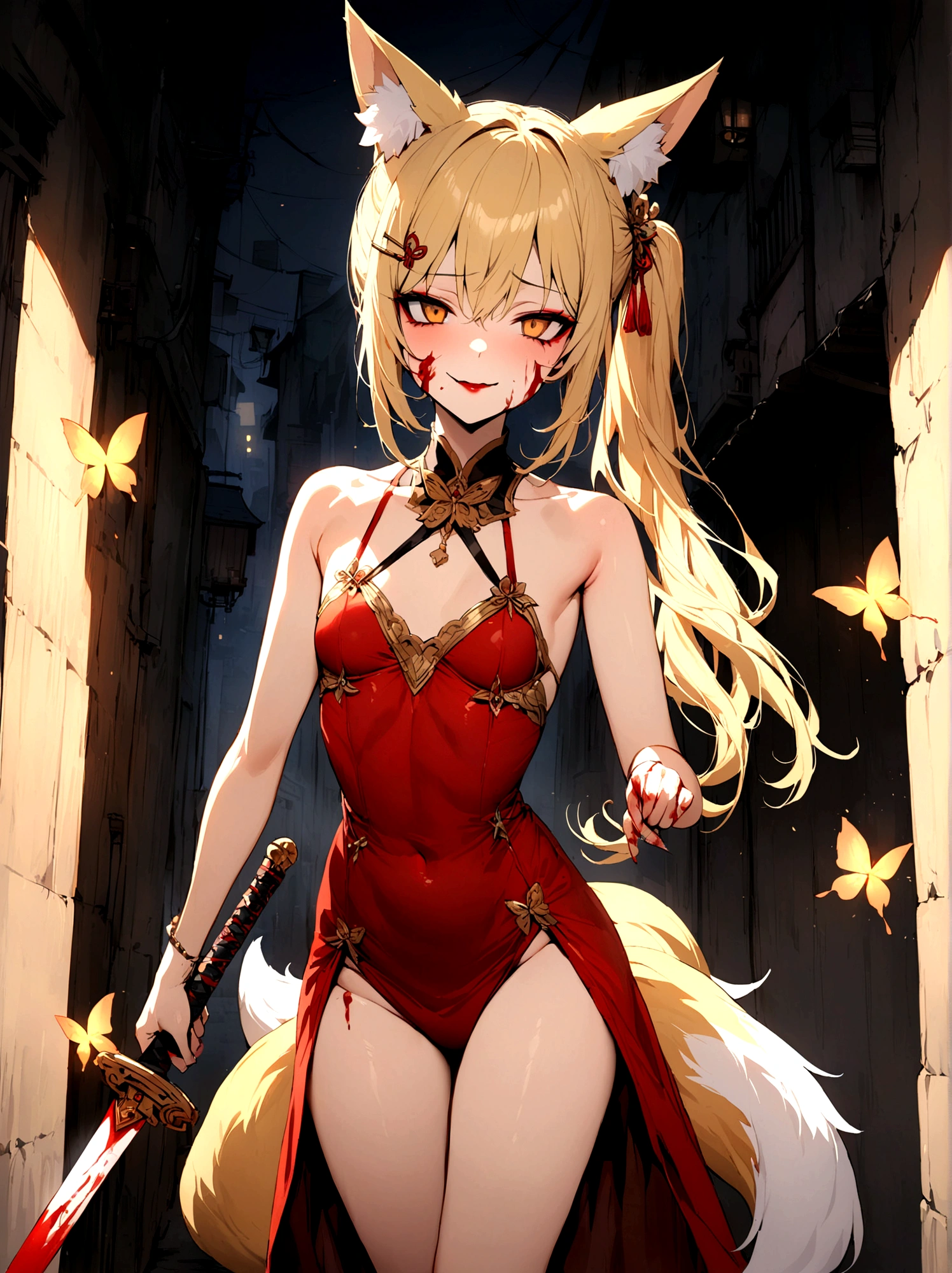(masterpiece, best quality) junior,detailed, (beautiful,small breasts), blonde,long hair, side ponytail(tied to the left),Hairpin decoration with gold butterfly, elegant, (fox ears),nine tailed fox tail, red eyeshadow, golden eyes, femur,dark night sky,Alley background,girl,yandere eyes,bloody face,bloody clothes,Bloody(blood on fullbody),holding a sword hilt,bloody dagger(Sotaedo),evil smile