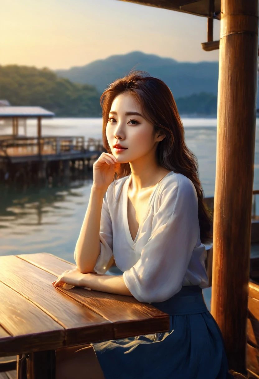 korean woman sitting on a table in a wooden cafe, sunrise atmosphere at a dock, wooden dock, a photorealistic painting by Raymond Han, tumblr, realism, gorgeous young korean woman, beautiful south korean woman, beautiful young korean woman, korean girl, beautiful asian girl, young asian girl, jaeyeon nam, asian girl, korean woman, sitting on a mocha-colored table, a young asian woman