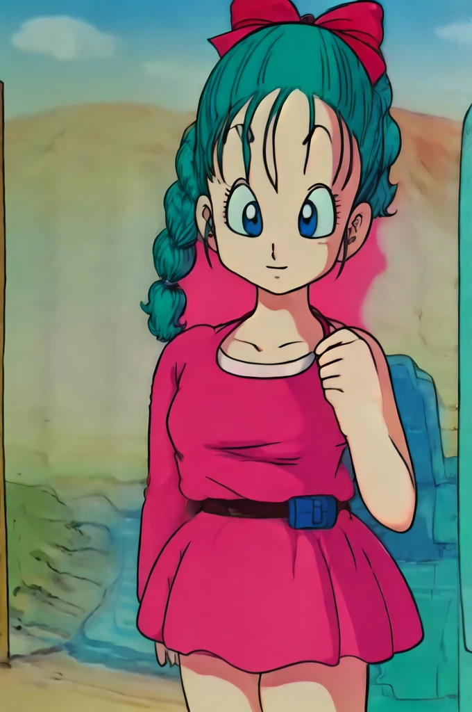 masterpiece, bulma, 1 girl solo, aqua hair, blue eyes,   braid, ponytail, pink dress, selfie, kamehouse, beach, bikini, pink, top, bikini