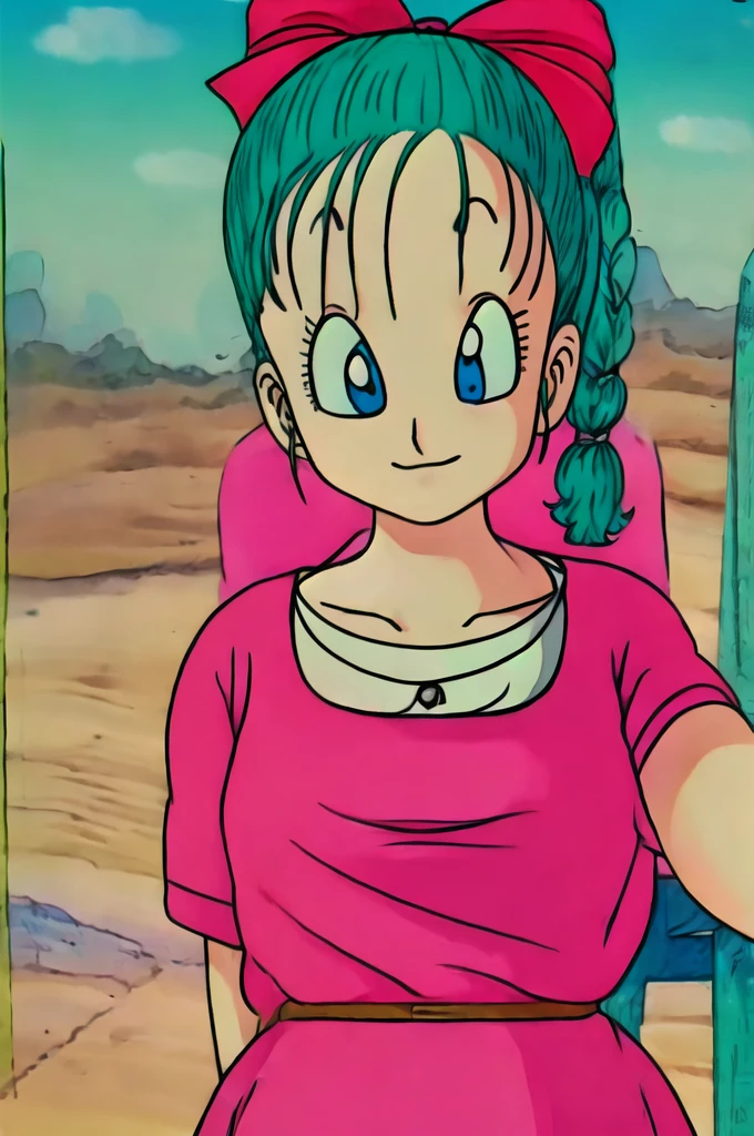 masterpiece, bulma, 1 girl solo, aqua hair, blue eyes, braid, ponytail, pink dress, selfie, kamehouse, beach, bikini, pink, top, bikini