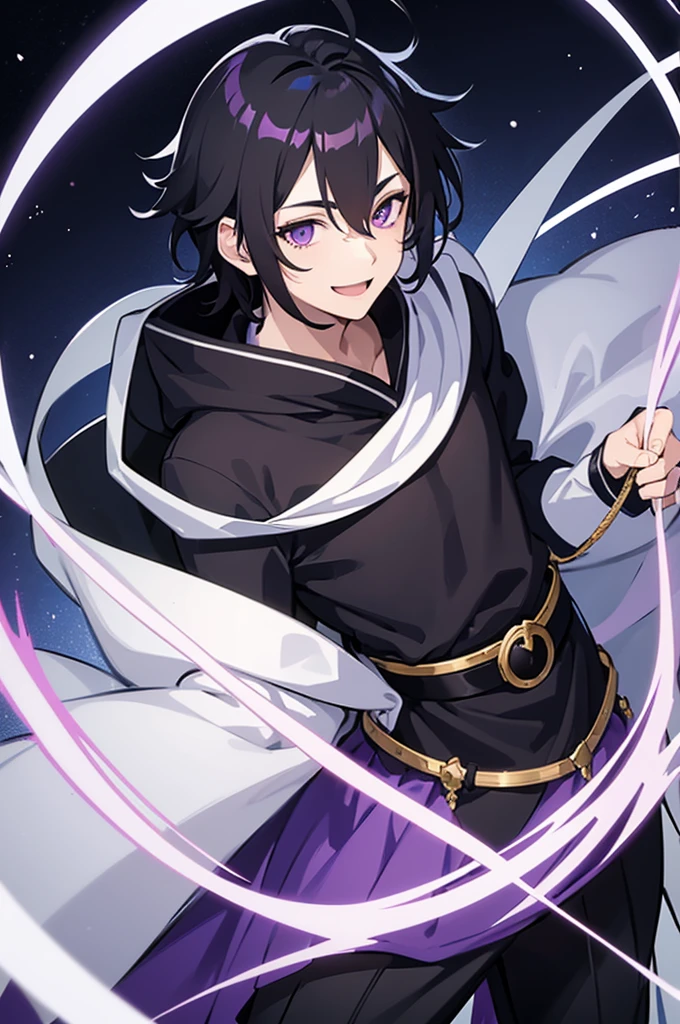 anime way, Boy with messy black hair covering half of his face, purple eyes, white puel, white medieval hoods, carefree smile, cute face 16 year old male boy with hair covering half of his face, with hood on top