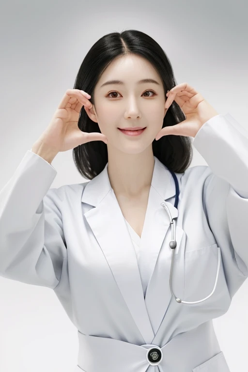 (medium shot), 1girl, (raised arms, fingers at cheeks), smiling, beautiful Japanese female doctor wearing white labcoat over scrubs, beautiful detailed face, Japanese woman, chignon black hair, pale skin, realistic skin, detailed cloth texture, detailed hair texture, Perfect proportion, Beautiful Face, accurate, Anatomically correct, Highly detailed face and skin texture , looking at viewer , modern hospital building, photorealistic