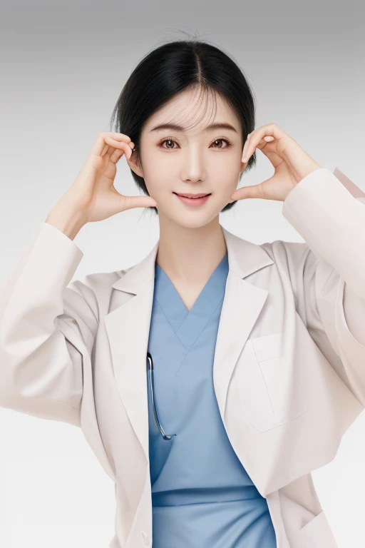 (medium shot), 1girl, (raised arms, fingers at cheeks), smiling, beautiful Japanese female doctor wearing white labcoat over scrubs, beautiful detailed face, Japanese woman, chignon black hair, pale skin, realistic skin, detailed cloth texture, detailed hair texture, Perfect proportion, Beautiful Face, accurate, Anatomically correct, Highly detailed face and skin texture , looking at viewer , modern hospital building, photorealistic