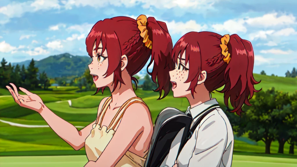 Highest quality, masterpiece, High resolution, alone, {Yuri_Lipman_Birdie Wing Golf Girl Story:1.15}, red_hair, Scrunchie, freckles, ~ side_ponytail, brown_eye, Open_mouth, hair_ornament, One girl, ponytail, profile, short_hair, hair_Scrunchie, School_, Closed_mouth, naked,