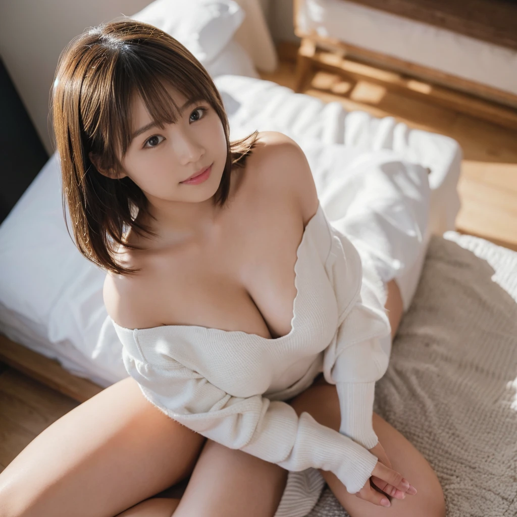 Nsfw、high Quality、masterpiece、1 girl per 1 photo、Hotel bedroom、Sleeping in bed、 ( girl、Extremely beautiful face, natural make up)(fair white skin)(sparkly eyes)、bright expression、blushing cheeks、a blond、(White knee-high socks)((I can see the cleavage、White off-shoulder、Long length))shiny lip、Short bob hair、Hair hanging over the ears、Shiny and smooth a blonde hair、 asymmetrical bangs、8K、high detal、detailed hairstyle、A detailed face、beutiful breast、Beautiful valley、thin-waist、big butts、rendering octane、Ultra-realistic、Perfect limbs、perfect anatomia、face lightedium full shot from above、(Angle up to the knee)