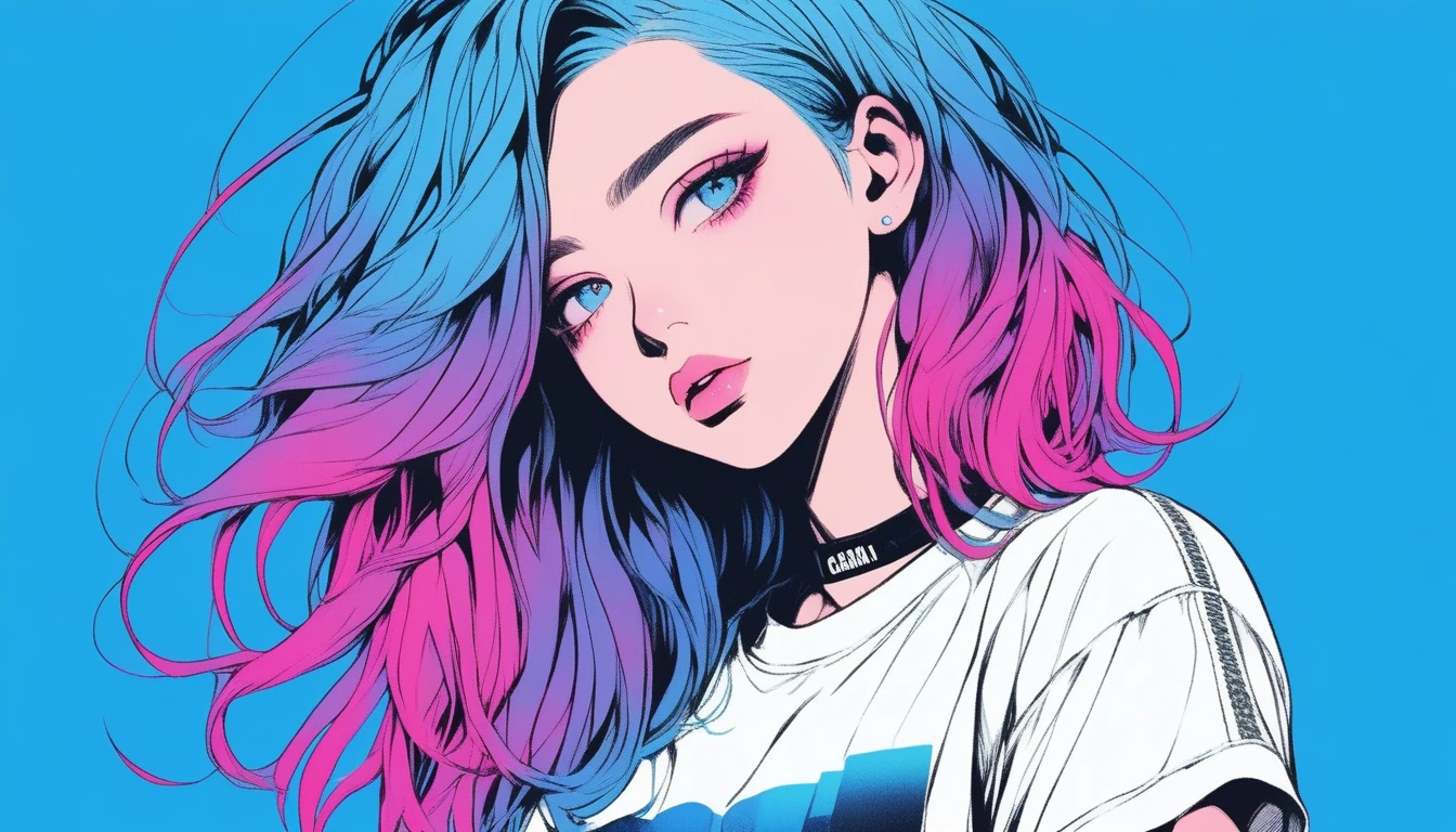 Illustrator, anime , Realistic ,sketch , 1 Girl, ,lip, tshirt,order, Blue gradient background, Neon Hair,Textured Trim, Canadian, (masterpiece,Highest quality) Cancer