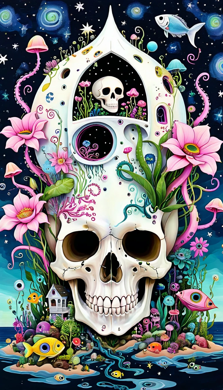 Human Skull House，fish，plant，flower，Tentacles，Eye、Starry Sky，Stitching together an abstract painting，Describing the inner world of autistic people，Sense of space，White Space，interesting，Innocence，Psychedelic Art，Pink theme