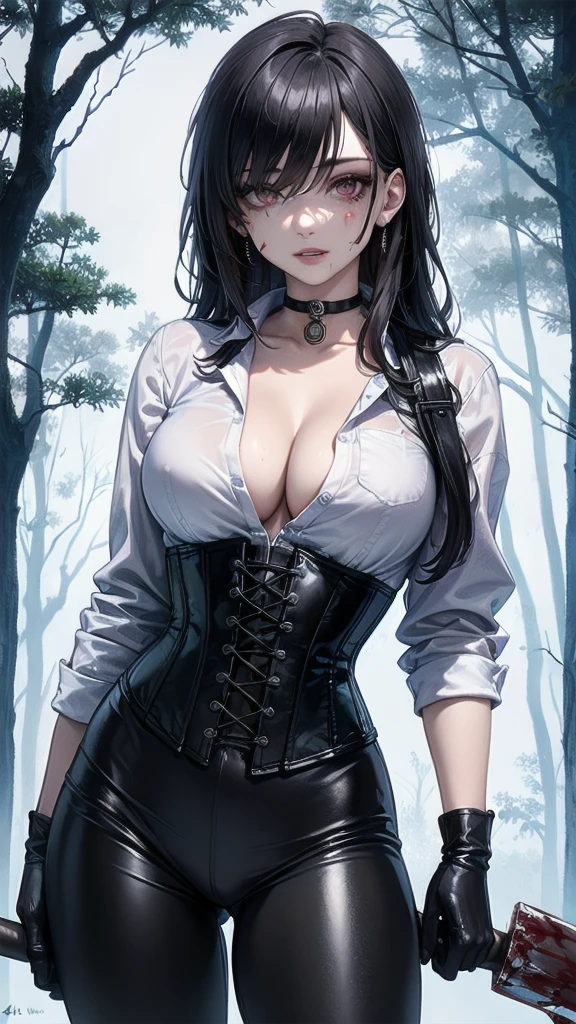 ((blood droplets)), ((blood)), ((blood splatter)), ((blood on clothes)), ((blood stain)), Masterpiece, Beautiful art, professional artist, 8k, Very detailed face, Detailed clothing, detailed fabric, 1 girl, front view, standing, BIG BREASTS, perfectly drawn body, shy expression, pale skin, beautiful face, long black hair, 4k eyes, very detailed eyes, pink cheeks, choker:1.6, (white long sleeve button down shirt with white collar), black gloves, gloves that cover hands, (holds an ax with his right hand), (black leather corset), (shiny black leggings), Sensual Lips, show details in the eyes, looking at the viewer, dark forest, Atmosphere, fog, At night