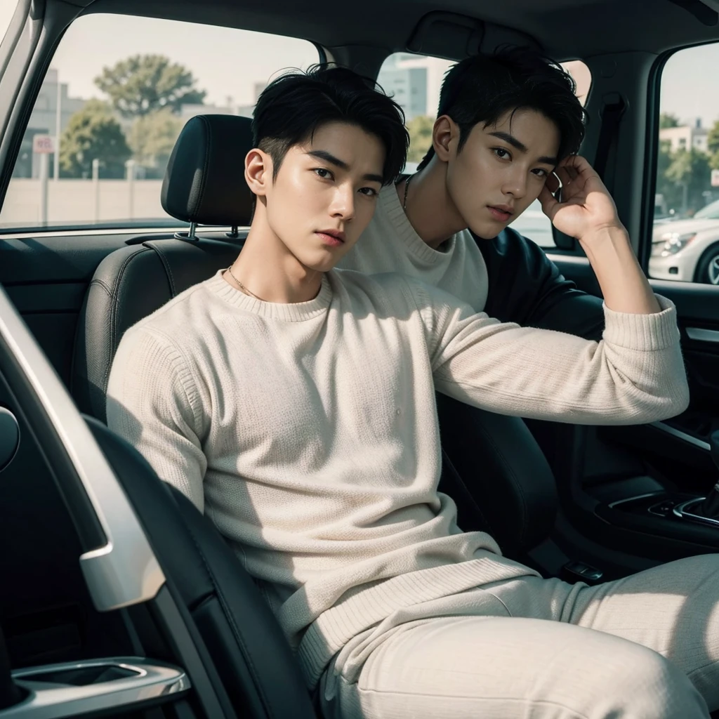 Highest quality, photo arafed man sitting in a car with his hands on his lap, siwoo kim, handsome chad chin, handsome man, hyung tae, photoshoot, handsome and attractive, handsome, ryan jia, handsome and elegant, wearing a sweater, jonny wan, handsome male, as if a man's hair shower gel advertisement photos, award awinning photograph.