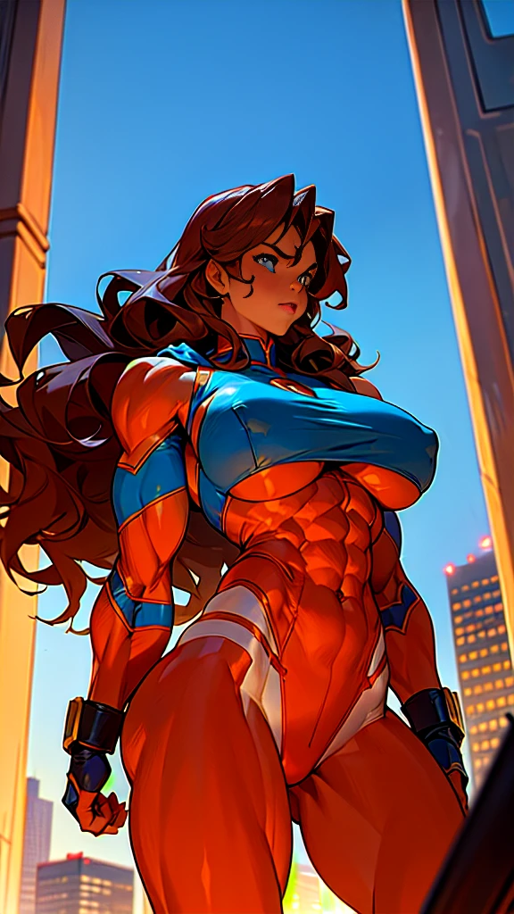 (muscular brute beautiful tall Lorah), huge strong biceps volume, huge exposed chest muscles volume, strong bodybuilder muscles, exposed abs skin, (huge firm breasts volume), city background, wavy orange hair, blue eyes, tight orange leather superheroine underwear and blue cape