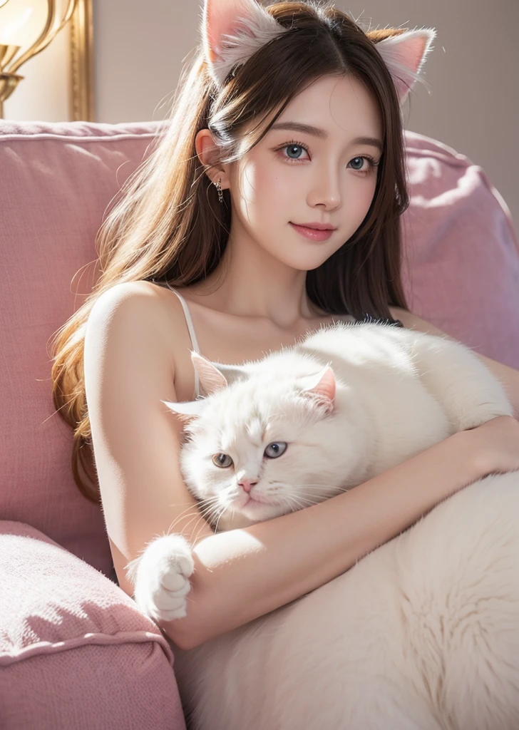 Diffuse lighting、 Highest quality, High resolution, unity 8k wallpaper、Supersaturation, Colorful, fairy tale, dream-like, Movie-like characters, oil, 3d, 8K resolution, Sequins, Sparkling, moonlight, Close-up portrait adorable,Too cute cat, Fine grain, Large, round, reflective eyes,Dreamland、pastel colour、pleasant to the touch、Marshmallow cushion、Fluffy sofa、Sitting on a sofa made of cotton candy、Smile happily、hug a cat、Staring at the cat、full moon、Mysterious Flower、Beautiful cat、cute cat、Cat Castleの中、Detailed eyes, nose and mouth、Cat Castle、