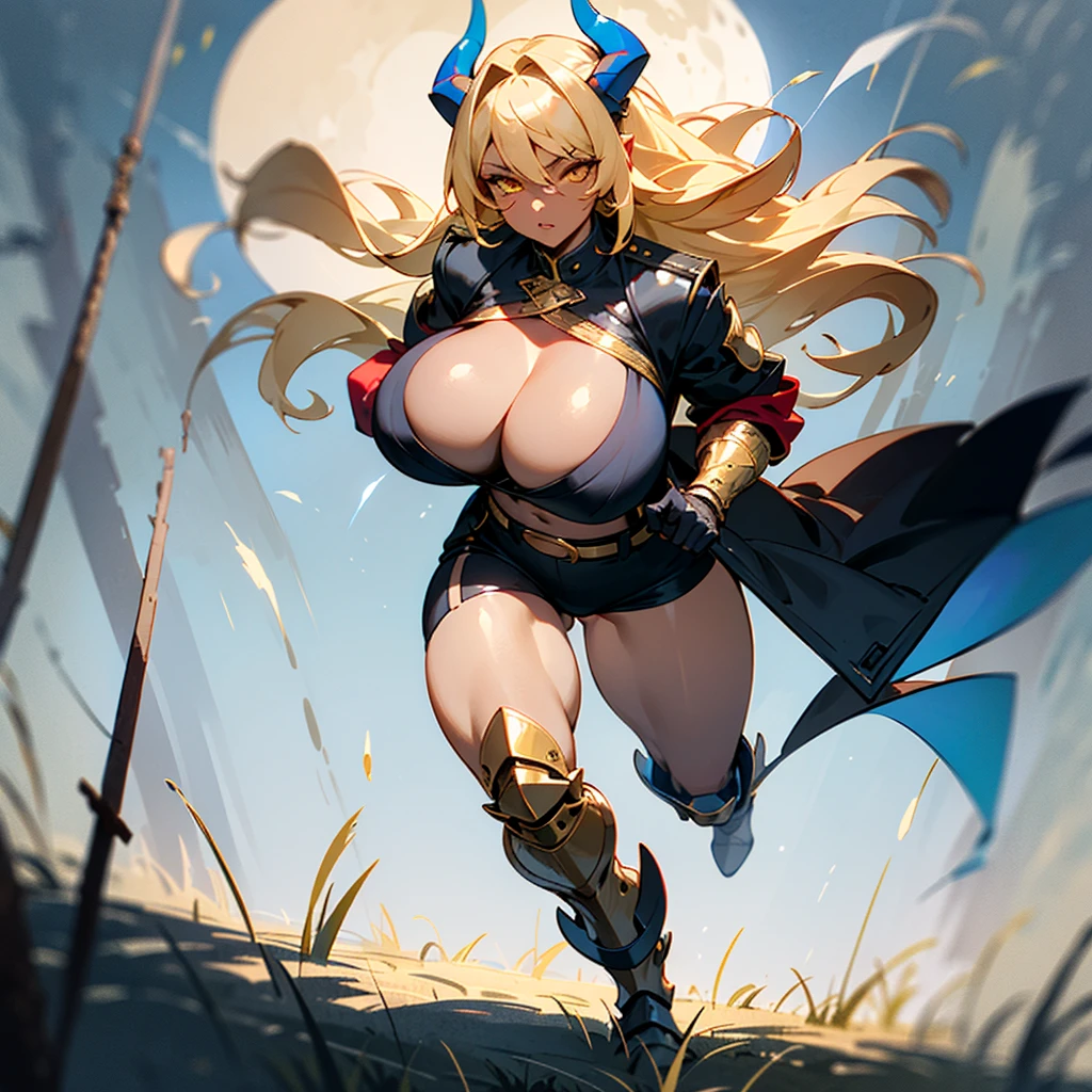 ((best quality)), ((masterpiece)), (detailed), 1girl, 8k_wallpaper, extremely detailed eyes, extremely detailed body, (large masterpiece digital art), ((perfect anatomy huge chest)), (intricate details:1.3 ), (ultra-detailed:1.3), (sharp focus:1.3), (natural lighting:1.05), (vivid colors:1.3), (best quality:1.4), high quality, expressive eyes, full body, tall girl, detailed face, beautiful face, perfect face, detailed ((blonde hair)), (gold eyes), ((large big red and blue horns)), {{dark skin}}, ({dark skinned female}), gigantic breasts, thick thighs, strong arm and leg muscles, strong abdominal muscles, Monster women, Korean women, wearing a modern short black cloth jacket with rolled up sleeves, (wearing heavy gold colored steel armor), a wide red leather belt with blue steel yarn, steel boots, steel thigh guards, running under by the light of the moon through the forest with long daggers in hands against a background of blooming flowers and grass with tall trees,