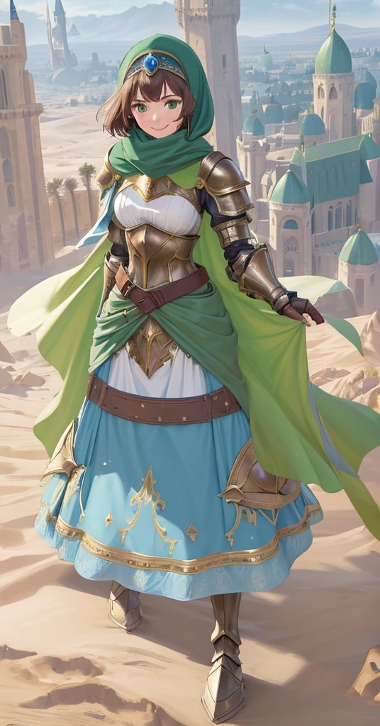 masterpiece, best quality:1.2), 1girl, smile, looking at viewer, green eyes, short brown hair, princess, armor, blue hijab headscarf, pauldrons, armored dress, green cloak cape, wearing puffy blue ballgown skirt, armored boots, fingerless gloves, standing in front of desert castle
