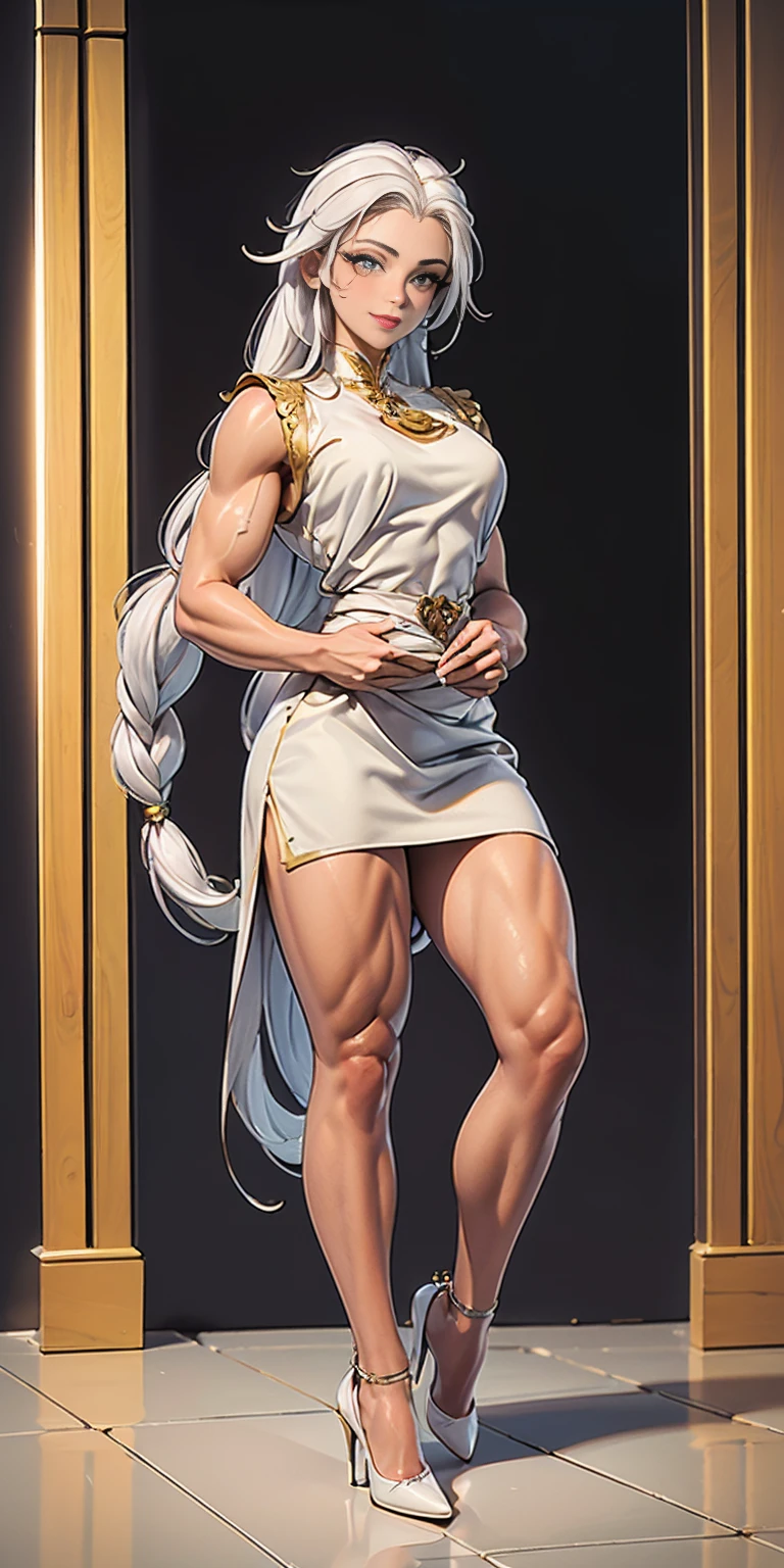 (masterpiece, best quality), intricate details, 1girl, Bridesmaid Muscular full body woman White hair White braid Motherly body smile Porcelain skin Red heels with feet together Long hair Hands on waist Navel Strong abs Direct look Perfect lighting Masterpiece High quality (good hands, best hands)