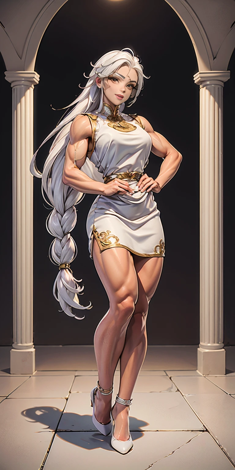 (masterpiece, best quality), intricate details, 1girl, Bridesmaid Muscular full body woman White hair White braid Motherly body smile Porcelain skin Red heels with feet together Long hair Hands on waist Navel Strong abs Direct look Perfect lighting Masterpiece High quality (good hands, best hands)