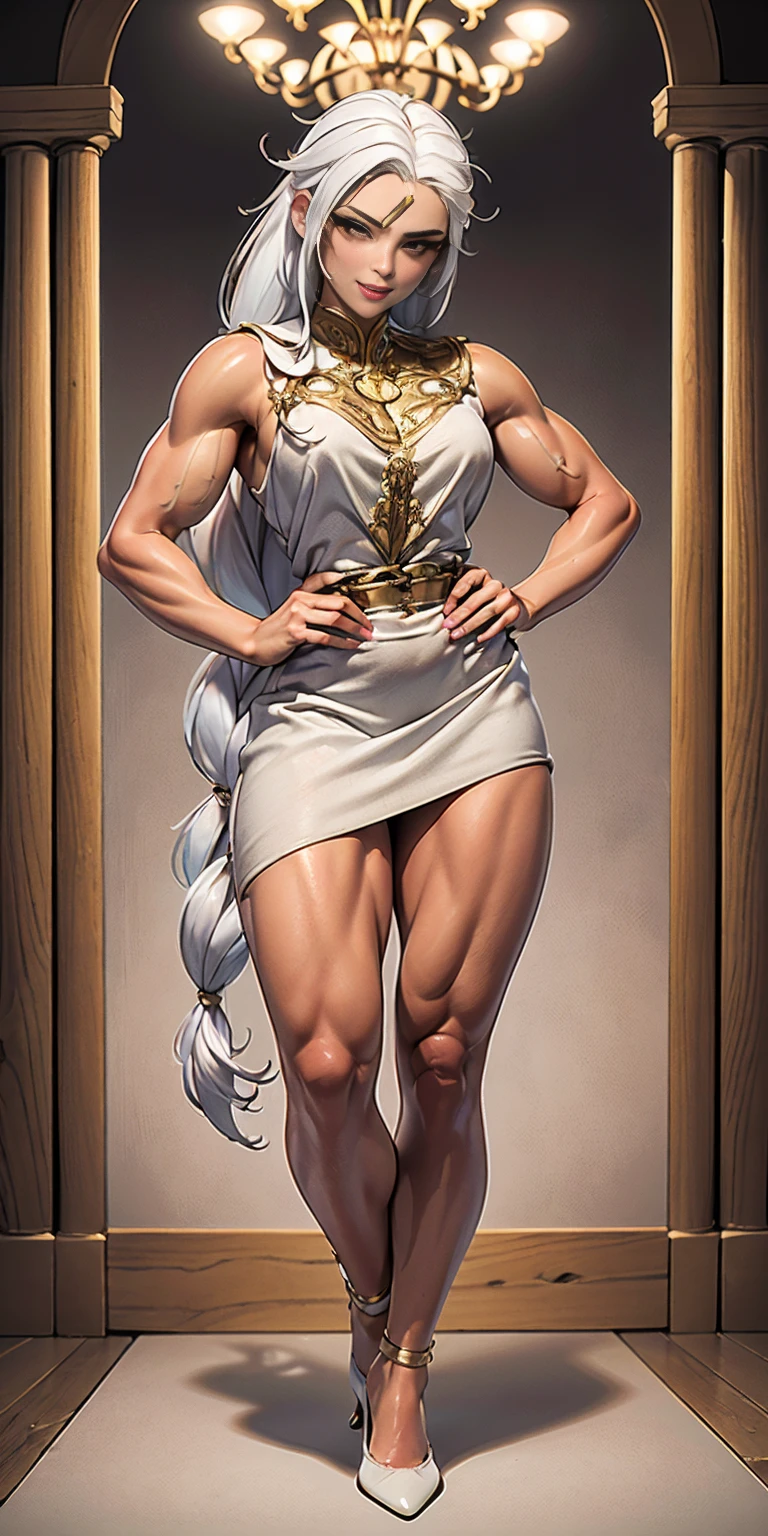 (masterpiece, best quality), intricate details, 1girl, Bridesmaid Muscular full body woman White hair White braid Motherly body smile Porcelain skin Red heels with feet together Long hair Hands on waist Navel Strong abs Direct look Perfect lighting Masterpiece High quality (good hands, best hands)