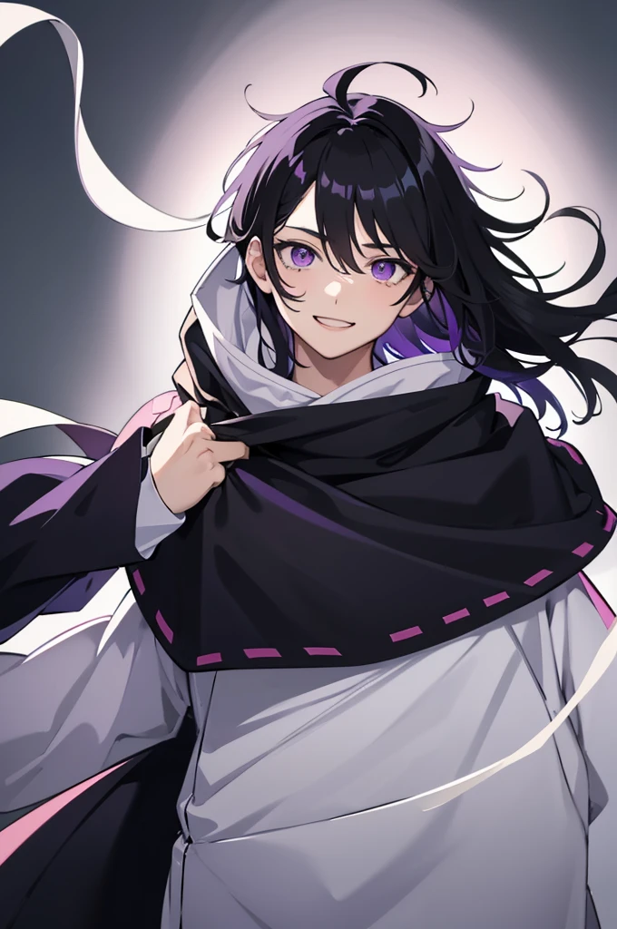 anime way, Boy with messy black hair covering half of his face, purple eyes, white puel, white medieval hoods, carefree smile, cute face 16 year old male boy with hair covering half of his face, with hood on top