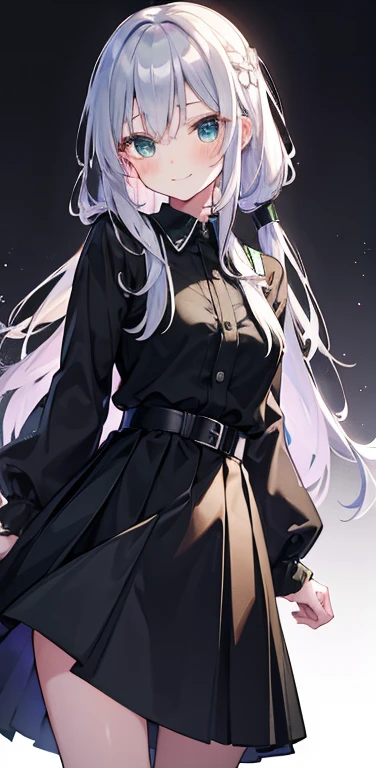 blush, 1 Girl, smile, alone, green_eye, Closed_mouth, 前hair, black_skirt, blackリボン, virtual_YouTuber, Silver_hair, Simple_background, Open_Clothes, dress, black_belt,