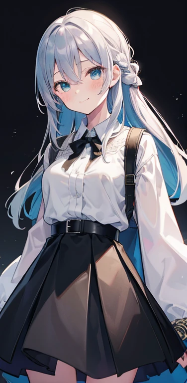 blush, 1 Girl, smile, alone, green_eye, Closed_mouth, 前hair, black_skirt, blackリボン, virtual_YouTuber, Silver_hair, Simple_background, Open_Clothes, dress, black_belt,